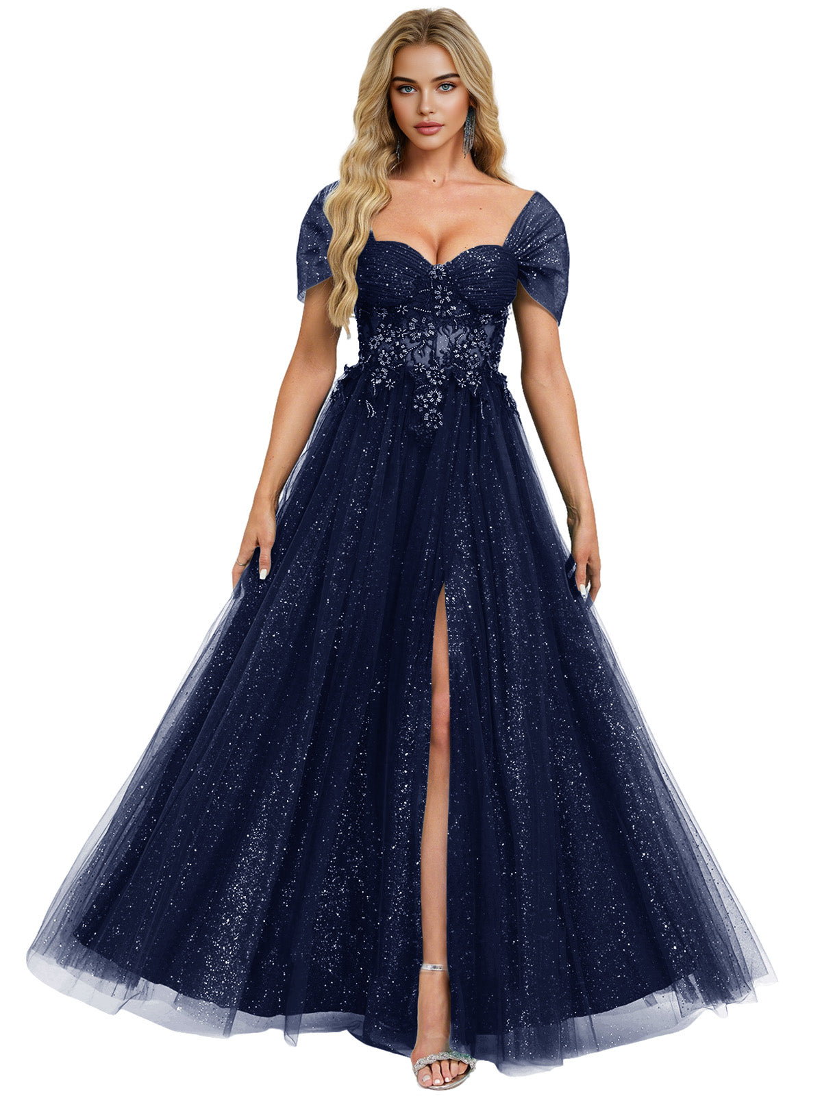 Short Sleeve Glitter Tulle Prom Dress with Illusion Bodice and Slit