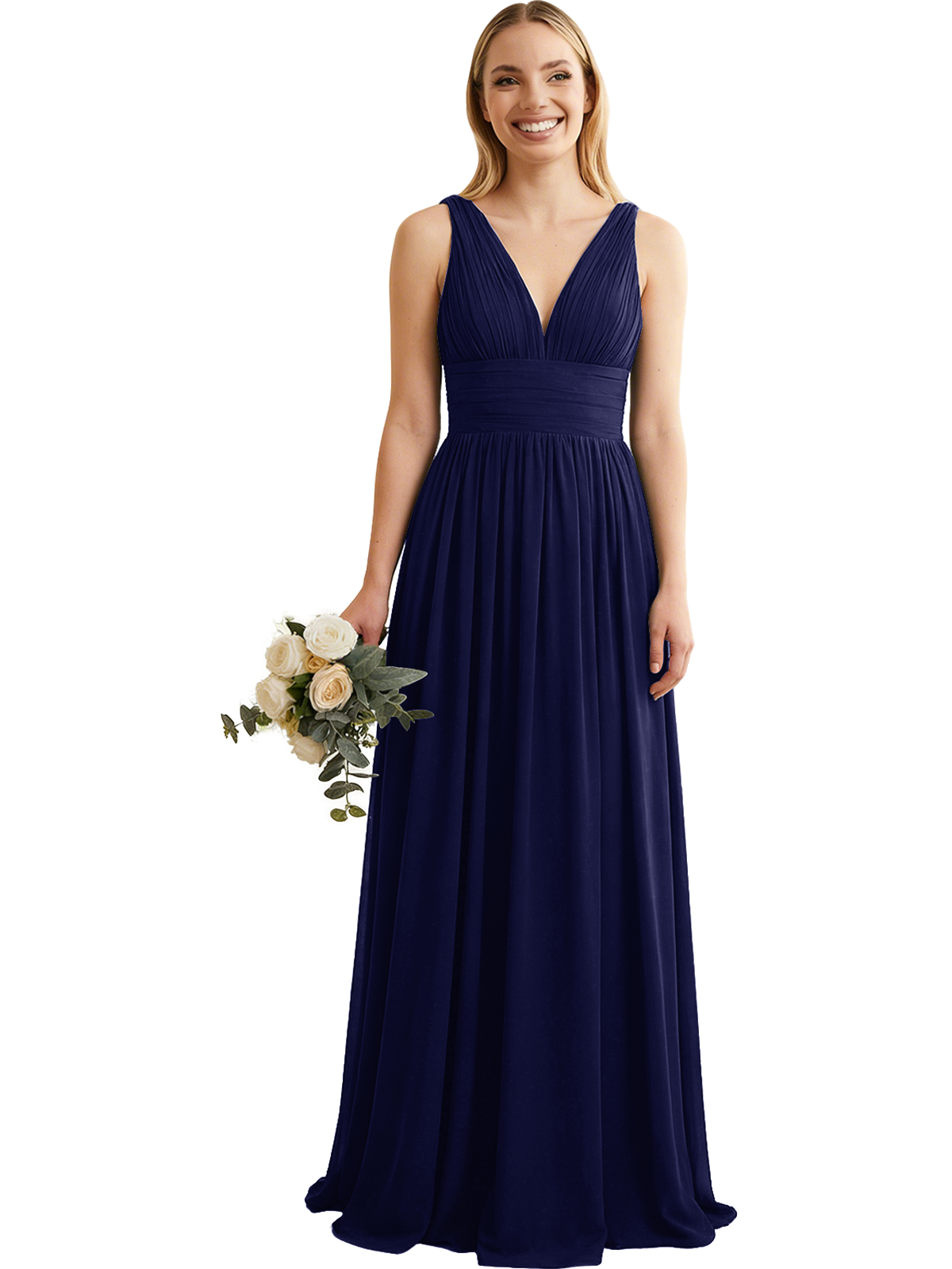 Deep V-Neck Chiffon Bridesmaid Dress with Pleated Waist