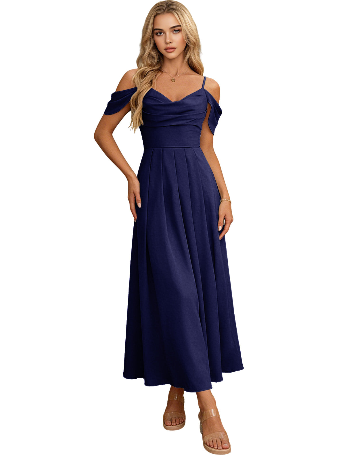 Off Shoulder Midi Bridesmaid Dress with Pleated Bodice and Flowing dress