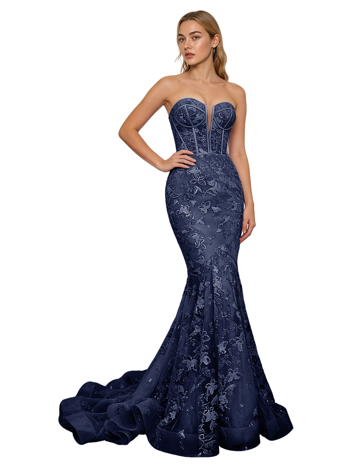 Strapless Lavender Lace Mermaid Prom Dress with Sheer Corset and Train