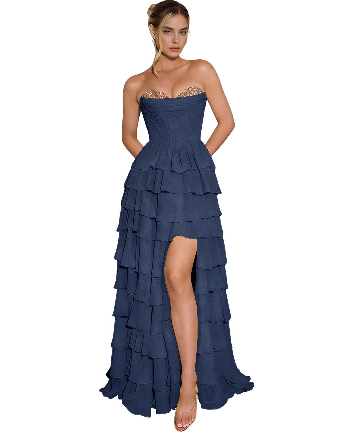 Strapless Layered Tulle Prom Dress with Corset Bodice and High Low Hem
