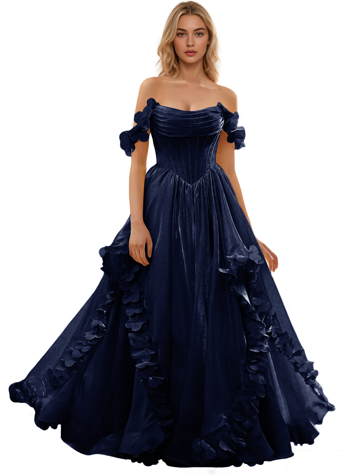 Off Shoulder Ruffle Tulle Ball Gown Prom Dress with Floral Applique