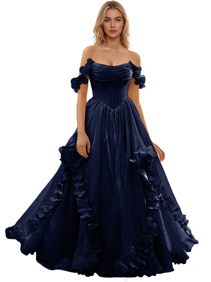 Off Shoulder Ruffle Tulle Ball Gown Prom Dress with Floral Applique