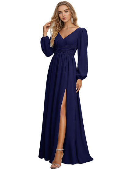 Long Sleeve V-Neck Chiffon Bridesmaid Dress with Front Slit