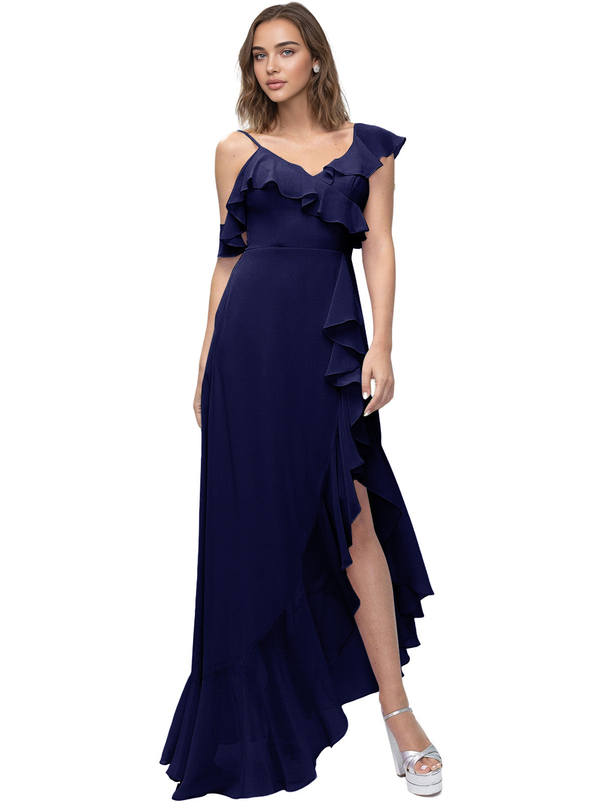 Asymmetrical Ruffle Chiffon Bridesmaid Dress with High Low Slit