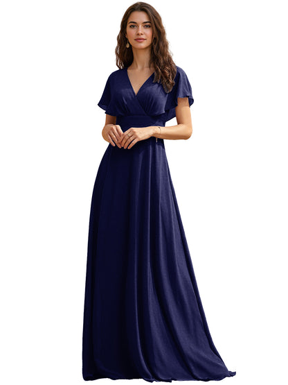 Flutter Sleeve V-Neck Chiffon Bridesmaid Dress with Flowing dress