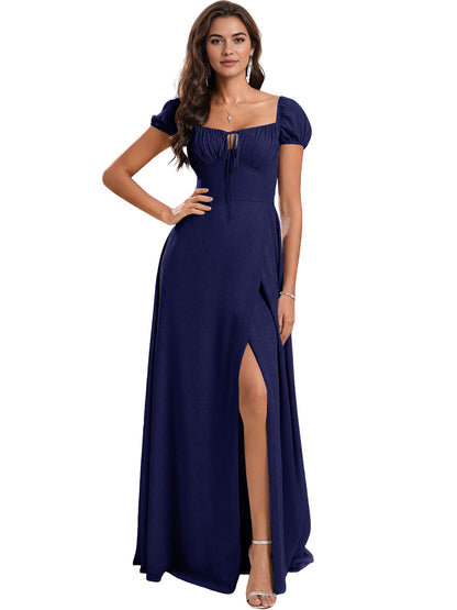 Ruched Short Sleeve Chiffon Bridesmaid Dress with Side Slit