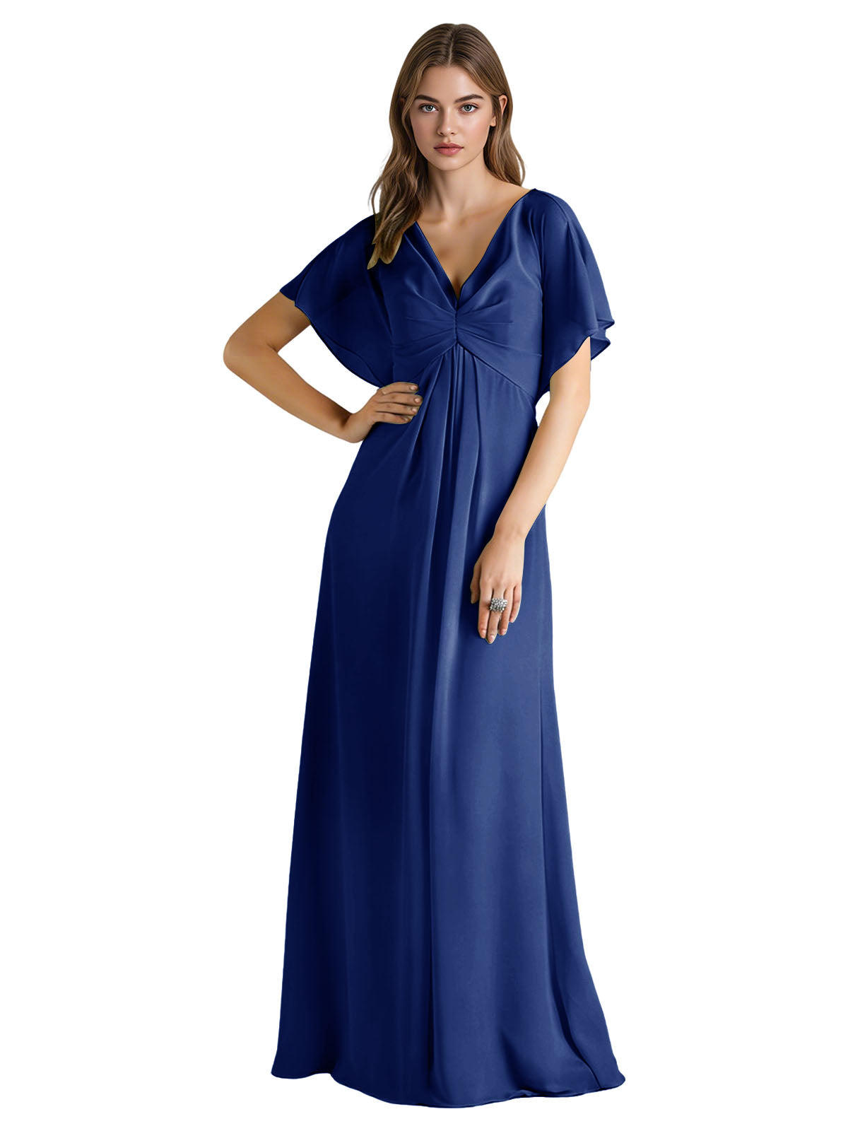 Short Sleeve V-Neck Chiffon Bridesmaid Dress with Gathered Waist
