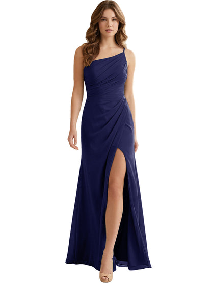 One Shoulder Ruched Chiffon Bridesmaid Dress with Front Slit