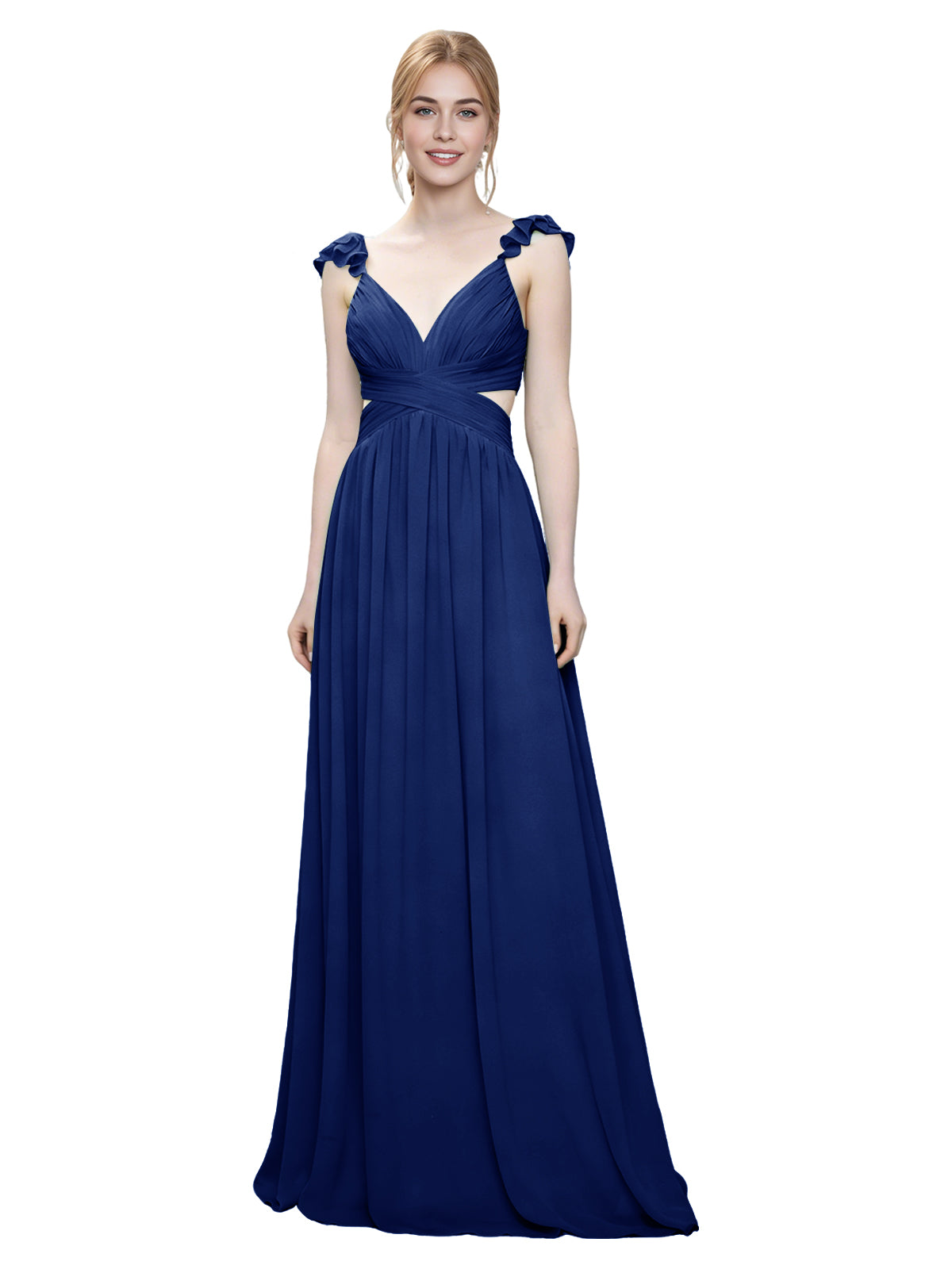 Ruffle Strap V-Neck Tulle Bridesmaid Dress with Pleated Waist