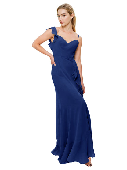 V-Neck Ruffle Strap Bridesmaid Dress with Cascading Chiffon Dress