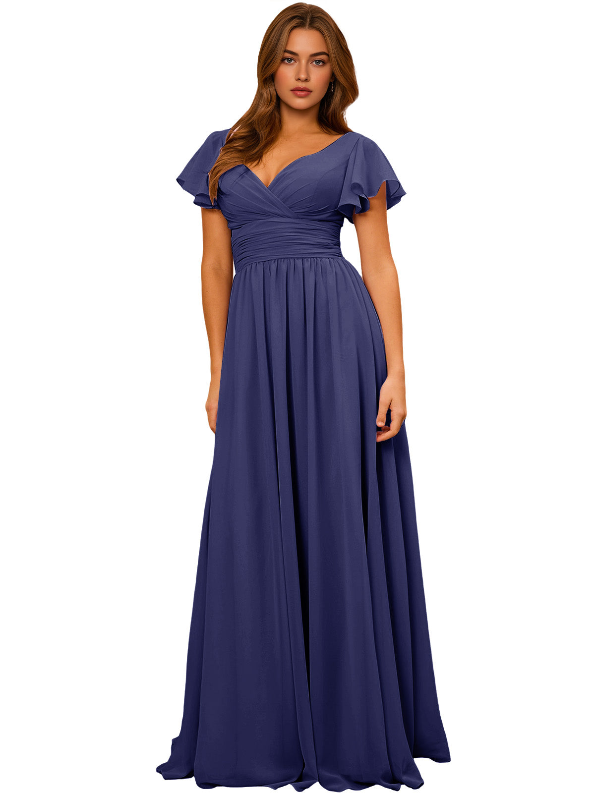V-Neck Flutter Sleeve Chiffon Bridesmaid Dress with Empire Waist