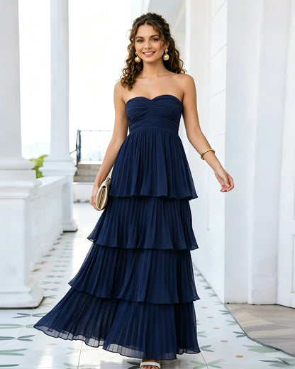 Strapless Tiered Pleated Formal Dress with Ruffle dress