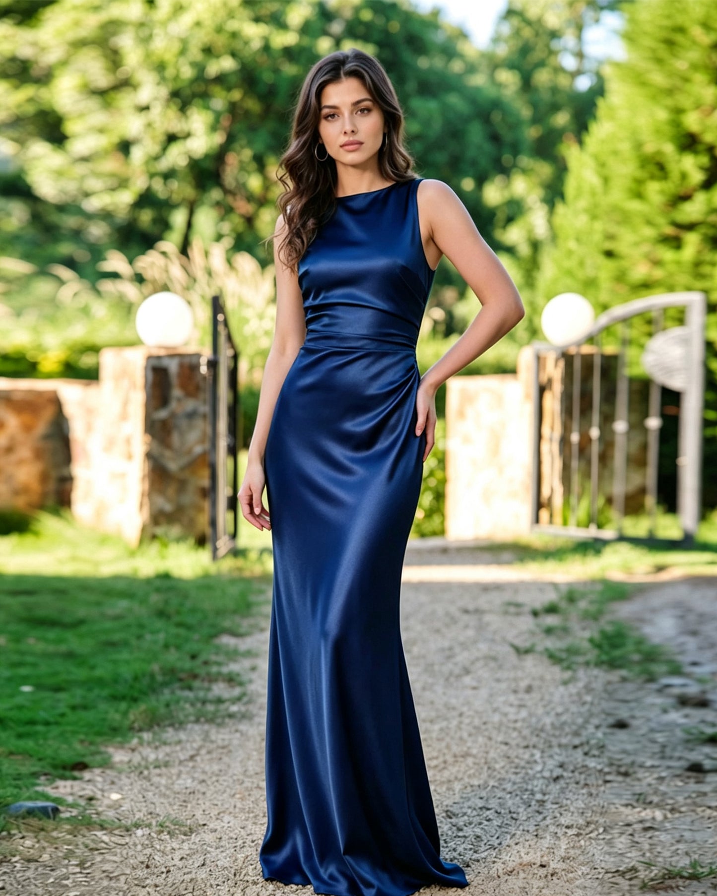 High Neck Satin Column Formal Dress with Sleek Draped Waist