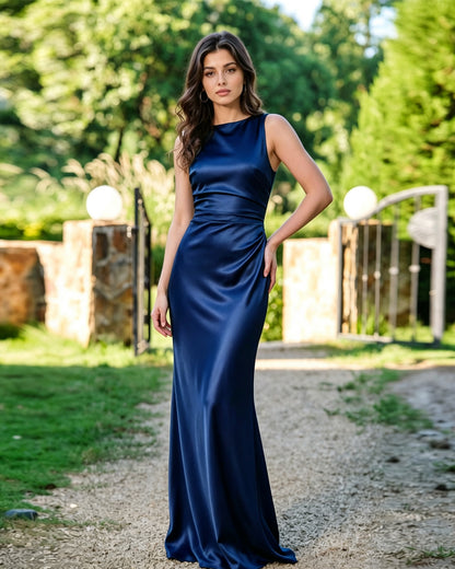 High Neck Satin Column Formal Dress with Sleek Draped Waist