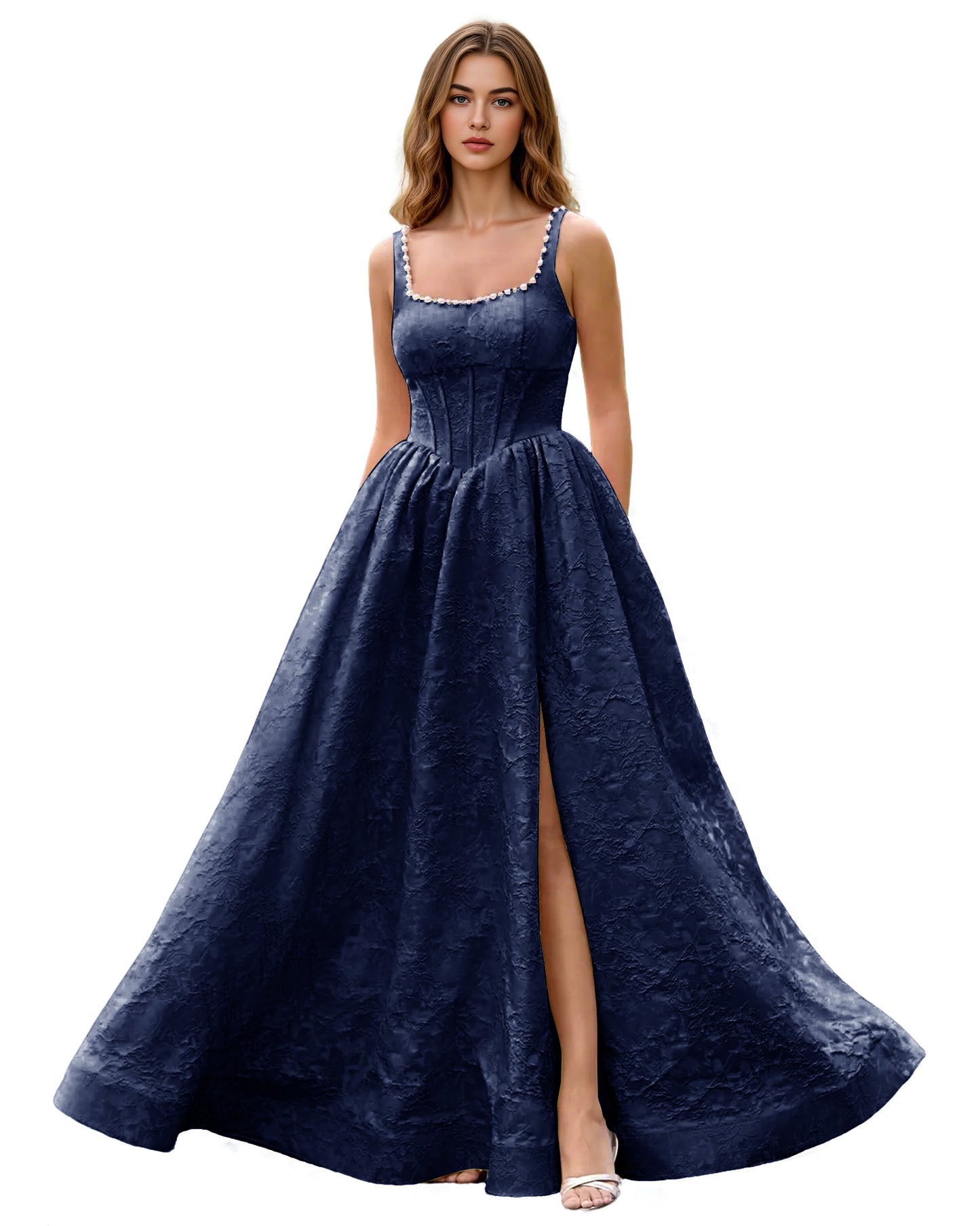 Square Neck Jacquard Ball Gown Prom Dress with Wide Straps and Pockets