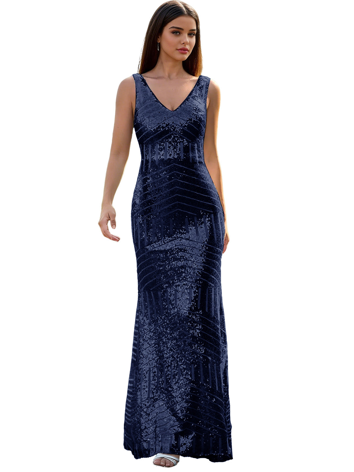 V-Neck Sequin Column Prom Dress with Beaded Waist and Low Back