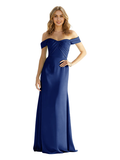 Sweetheart Off Shoulder Satin Bridesmaid Dress with Wrapped Bodice