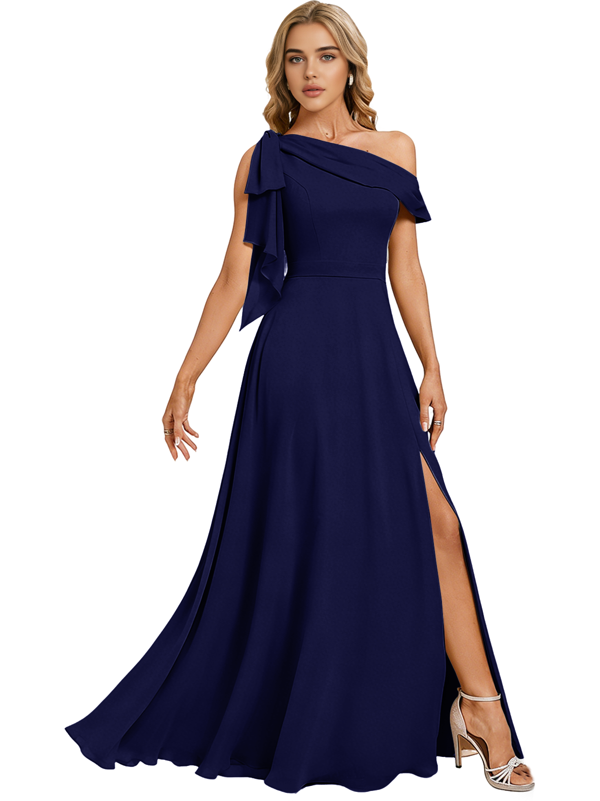 Asymmetric Off Shoulder Bridesmaid Dress with Draped Sleeve and Slit