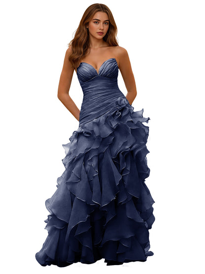 Strapless Organza Ruffle Ball Gown Prom Dress with Draped Corset Bodice