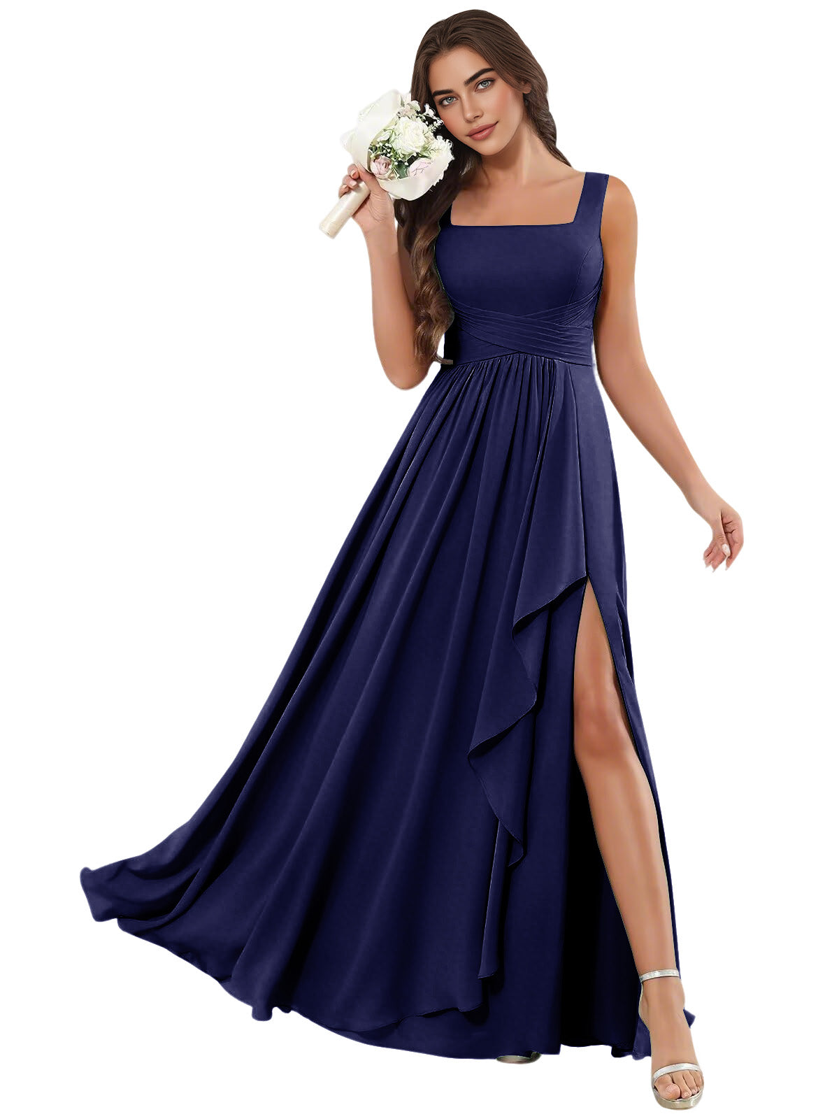 Square Neck Chiffon Bridesmaid Dress with Corset Back and Slit