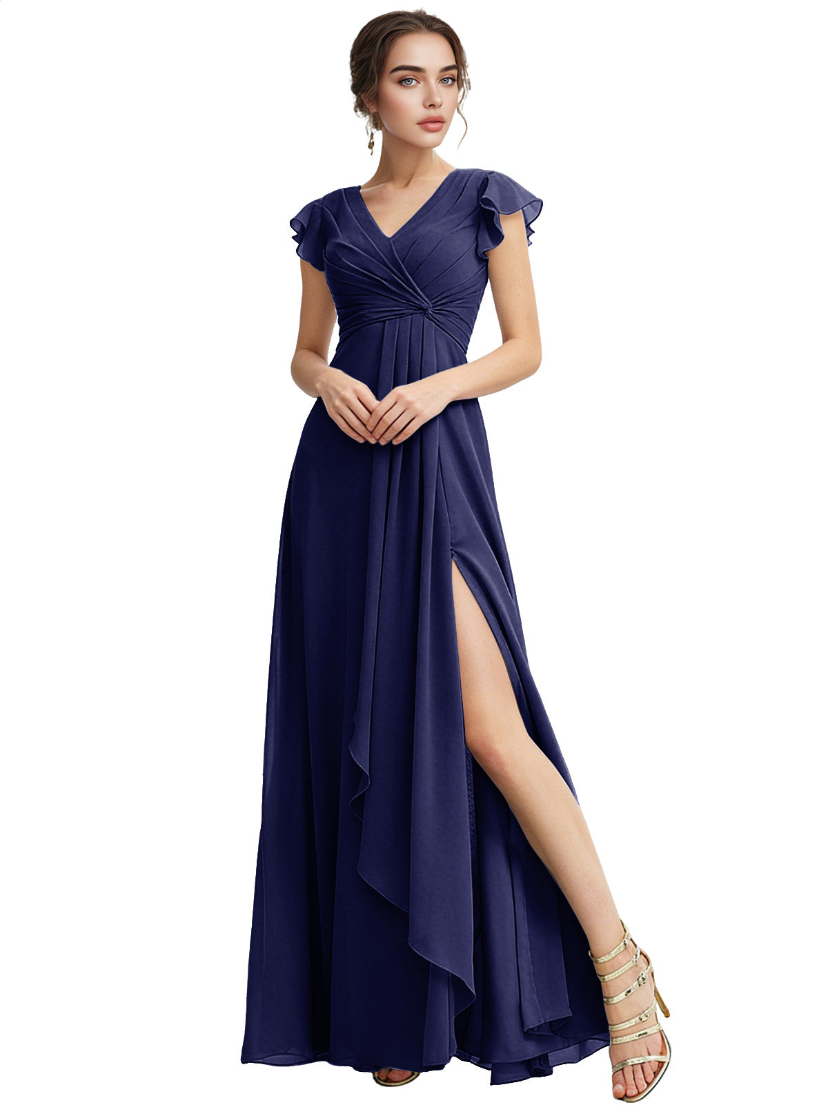 Cap Sleeve Chiffon Bridesmaid Dress with Ruffle V-Neck and Slit