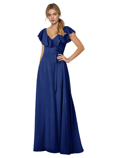 Tie Neck Chiffon Bridesmaid Dress with Flutter Sleeves