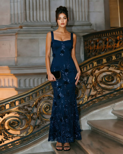 Square Neck Floral Sequin Formal Dress with Fitted Silhouette