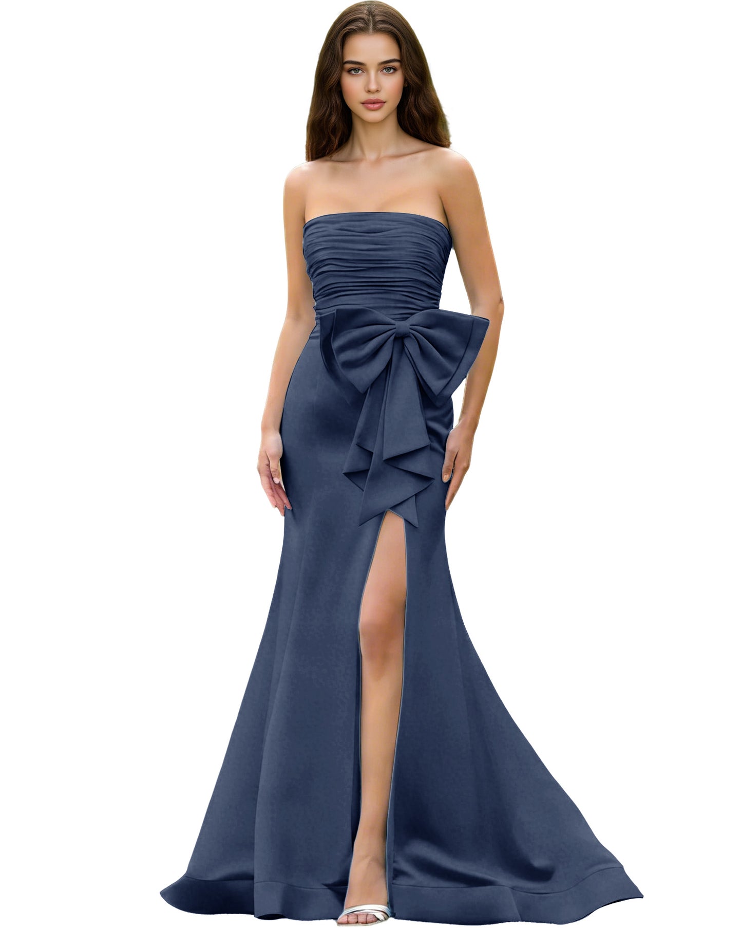 Strapless Bow Detail Satin Prom Dress with Ruched Bodice and Slit