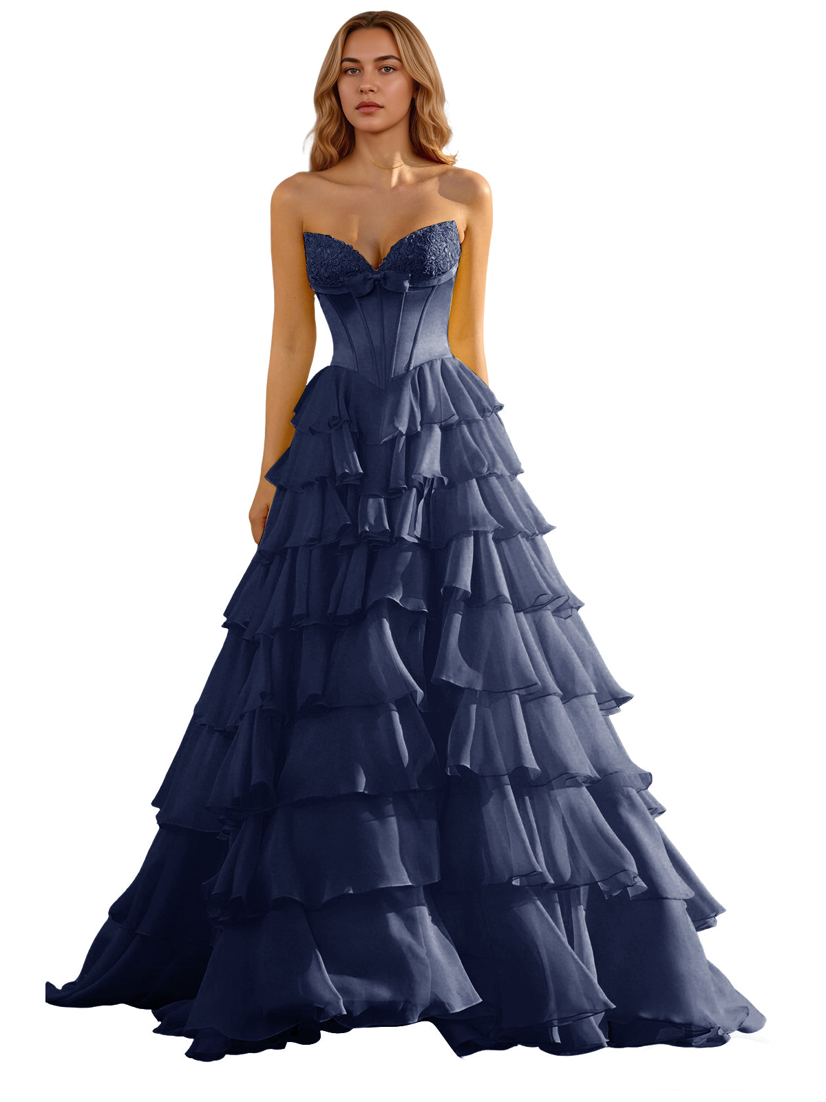 Strapless Tiered Organza Ball Gown Prom Dress with Corset Top