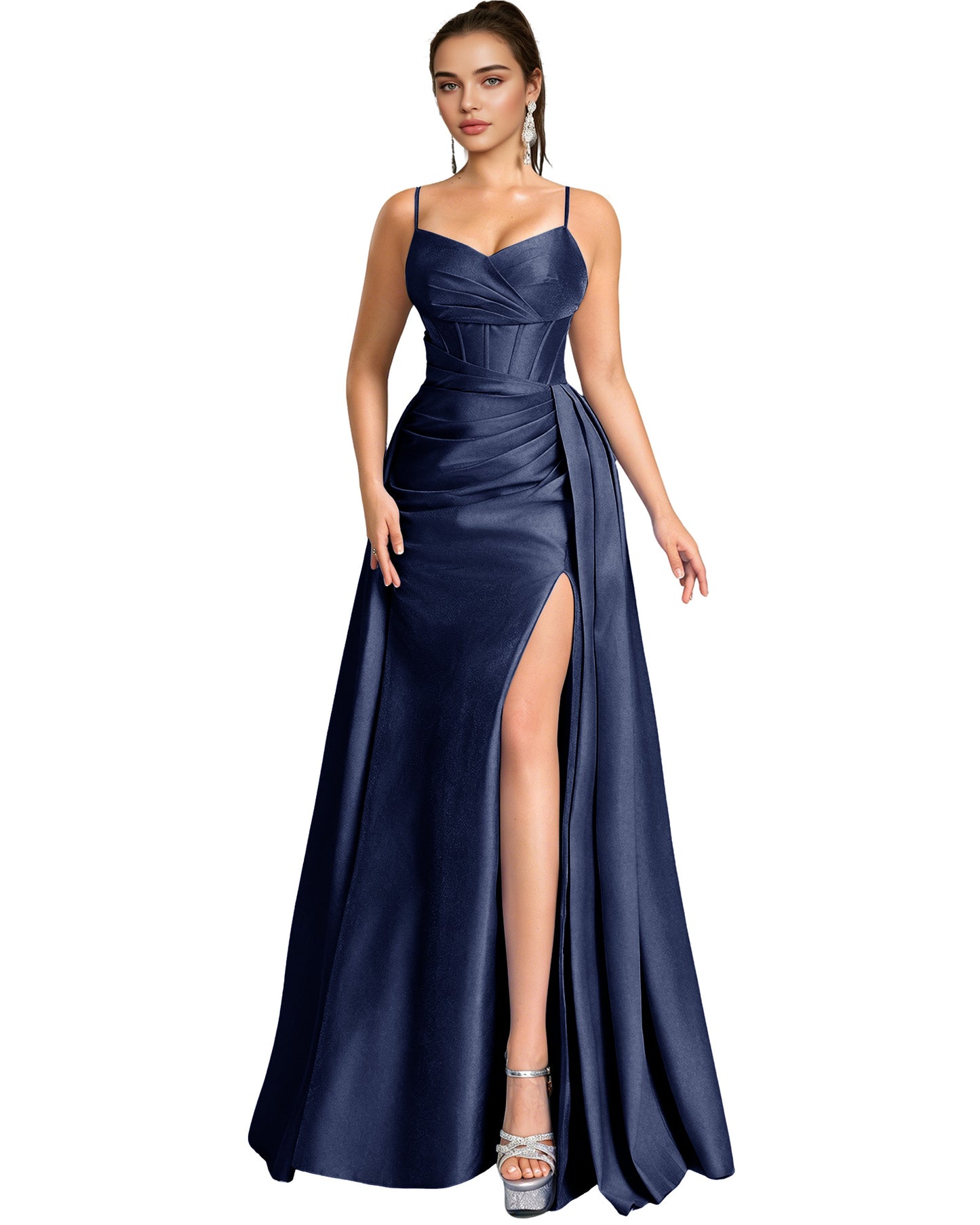 One Shoulder Satin A-Line Prom Dress with Wrap Bodice and Side Slit