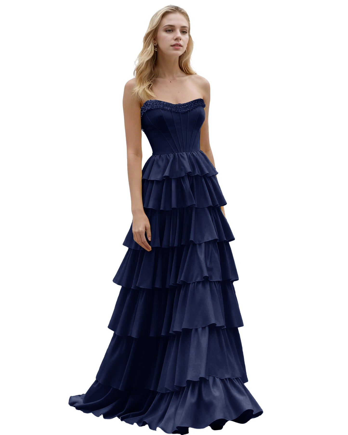 Strapless Tiered Ruffle A-Line Prom Dress with Corset Bodice