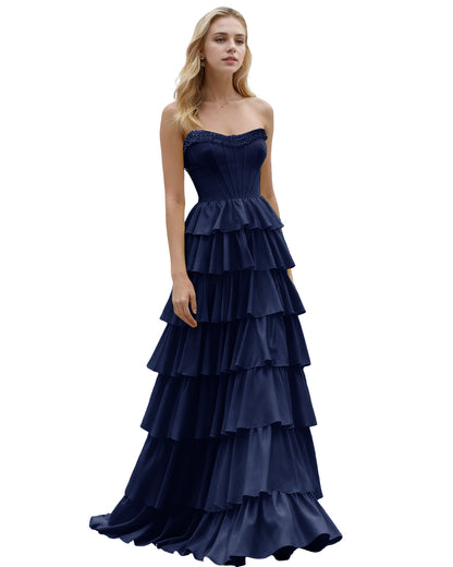 Strapless Tiered Ruffle A-Line Prom Dress with Corset Bodice