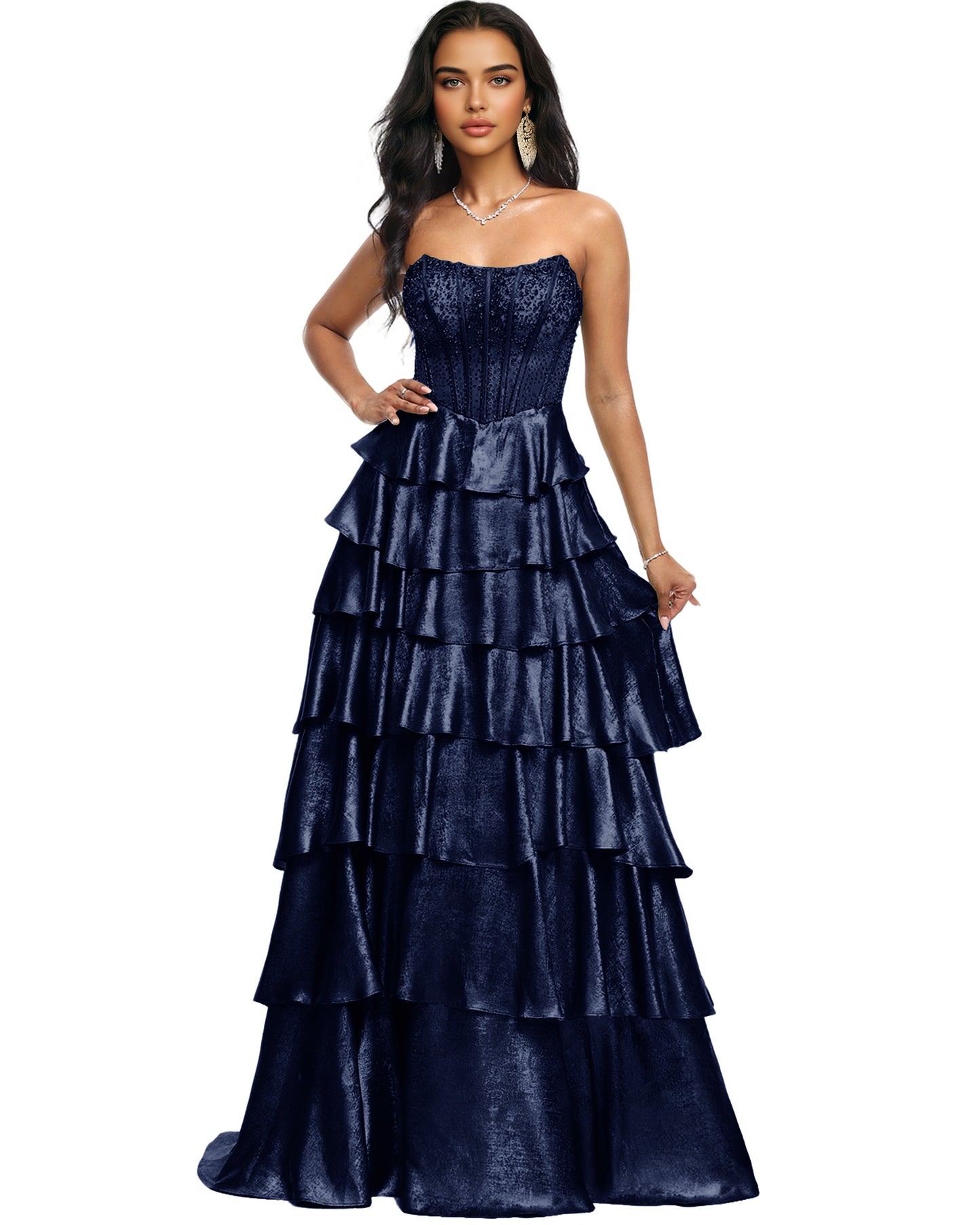 Strapless Tiered Sequin A-Line Prom Dress with Ruffle Layers