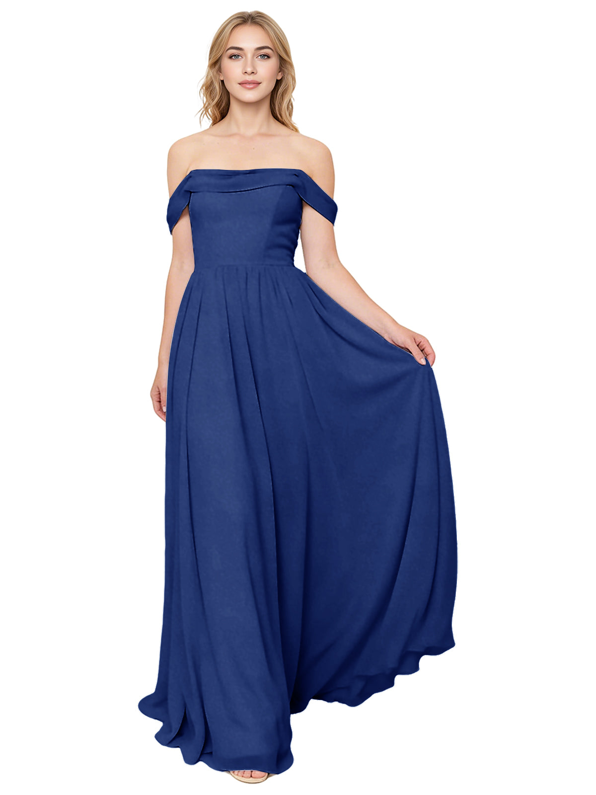 Off Shoulder Pleated Chiffon Bridesmaid Dress with Flowing A-Line Dress