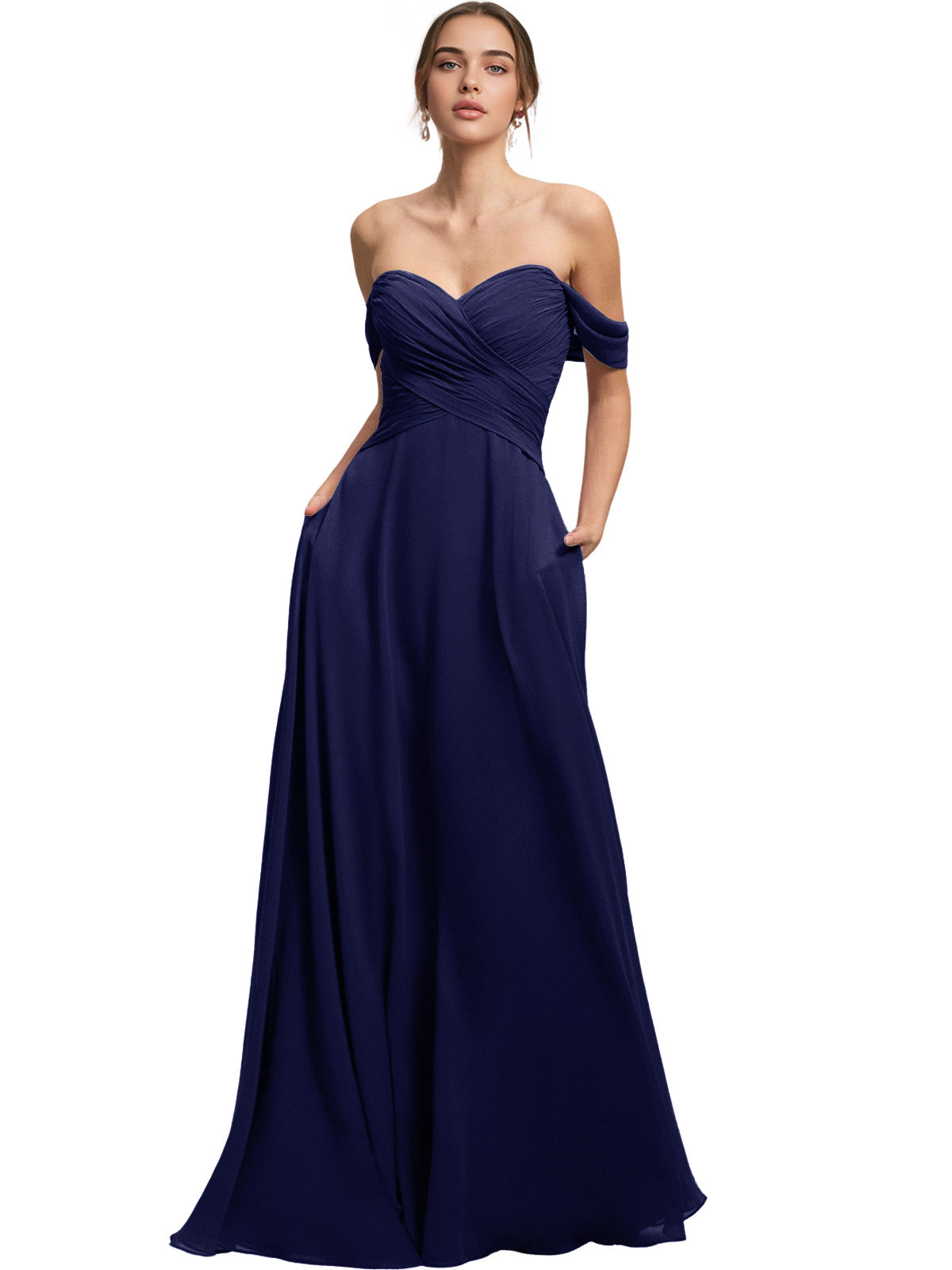Off Shoulder Chiffon Bridesmaid Dress with Draped Bodice and A-Line Dress