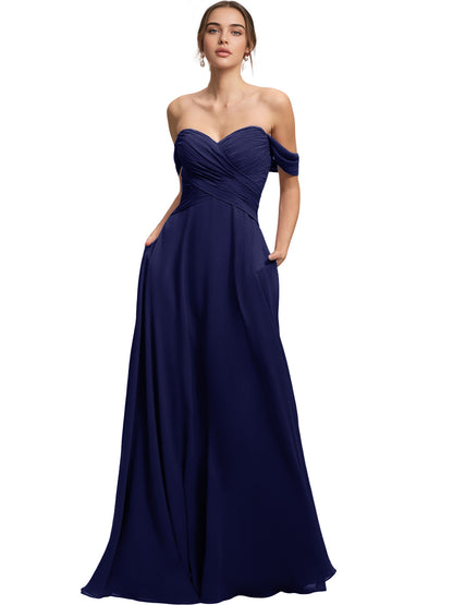 Off Shoulder Chiffon Bridesmaid Dress with Draped Bodice and A-Line Dress