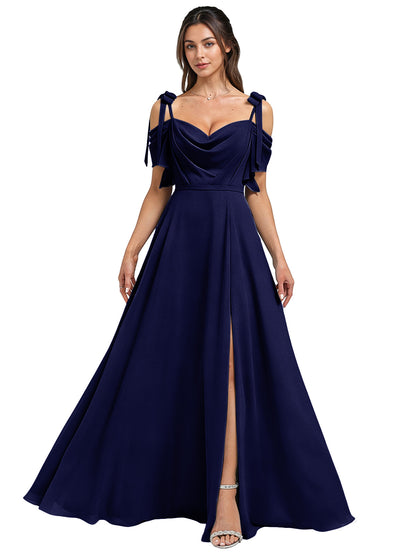 Cowl Neck Cold Shoulder Bridesmaid Dress with High Slit Chiffon Dress