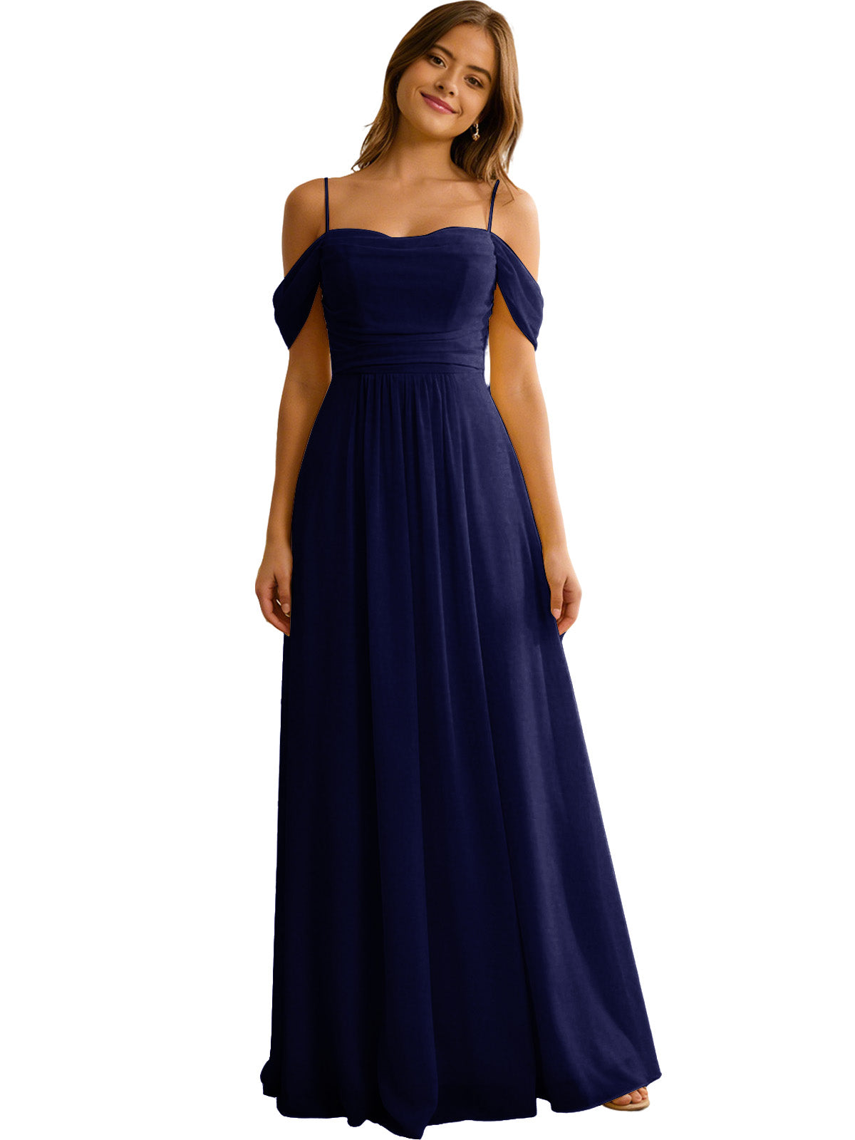 Off Shoulder Chiffon Bridesmaid Dress with Soft Pleated Bodice