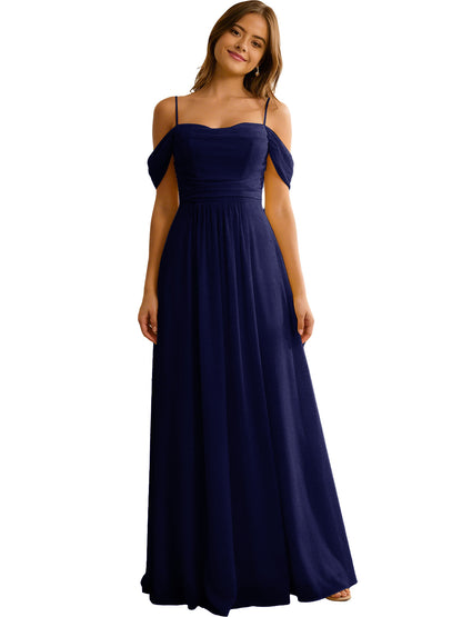 Off Shoulder Chiffon Bridesmaid Dress with Soft Pleated Bodice