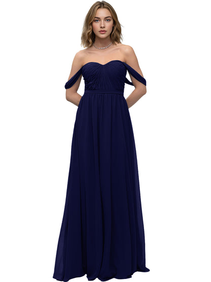 Off Shoulder Sweetheart Chiffon Bridesmaid Dress with Ruched Bodice