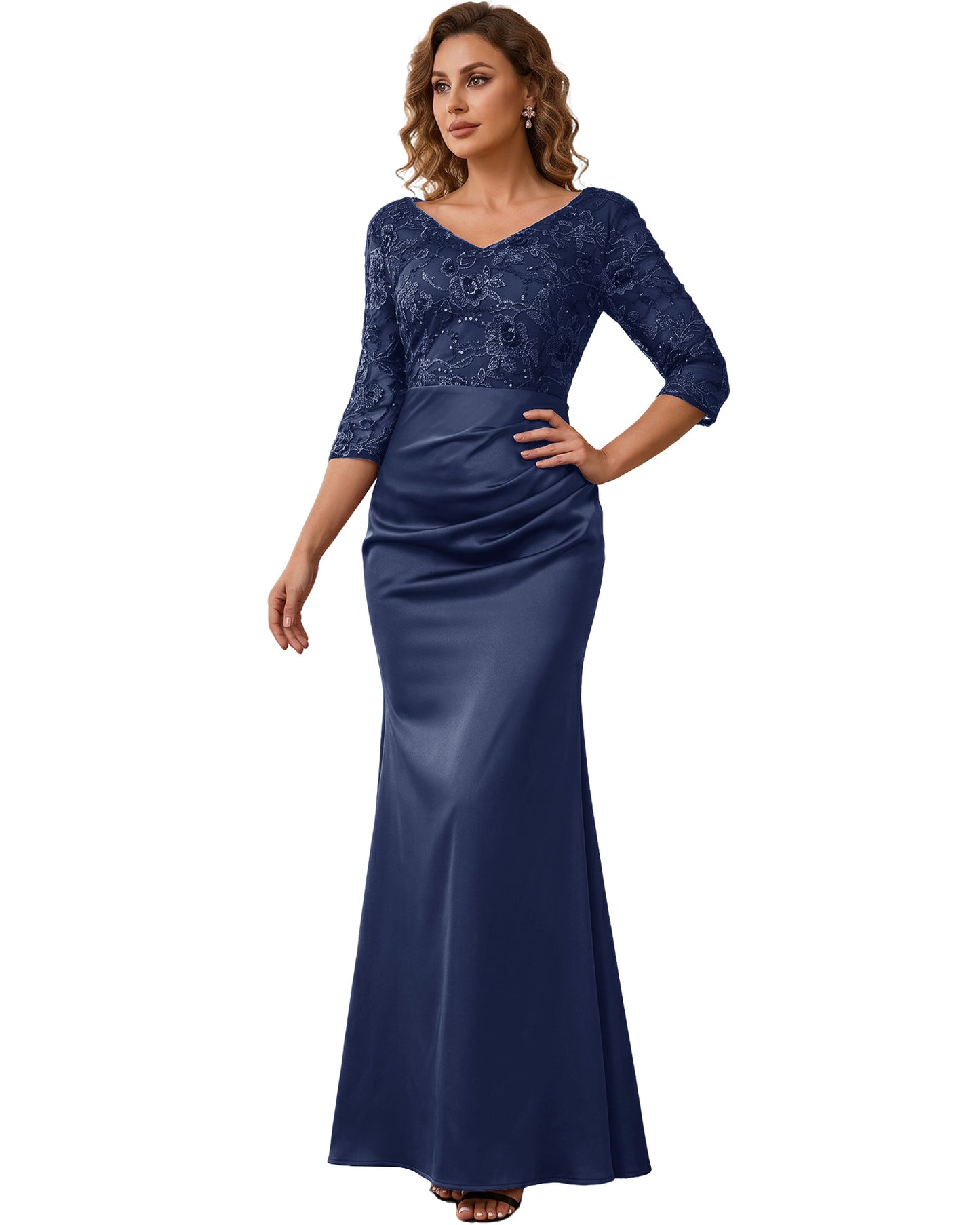 Mother of the Bride Dress Long Lace Mermaid Formal Gown with 3/4 Sleeves
