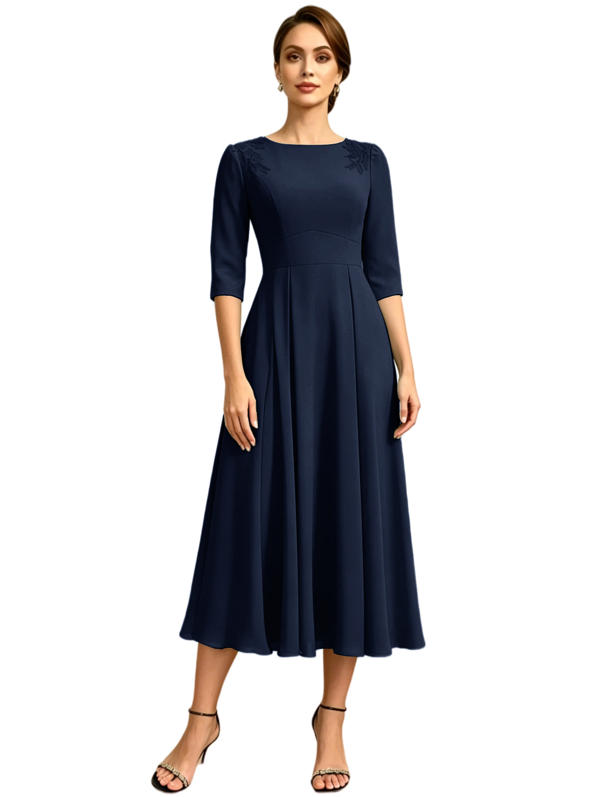 Tea Length Mother of the Bride Dress Jewel Neck Chiffon A-Line Formal Gown with Embroidery