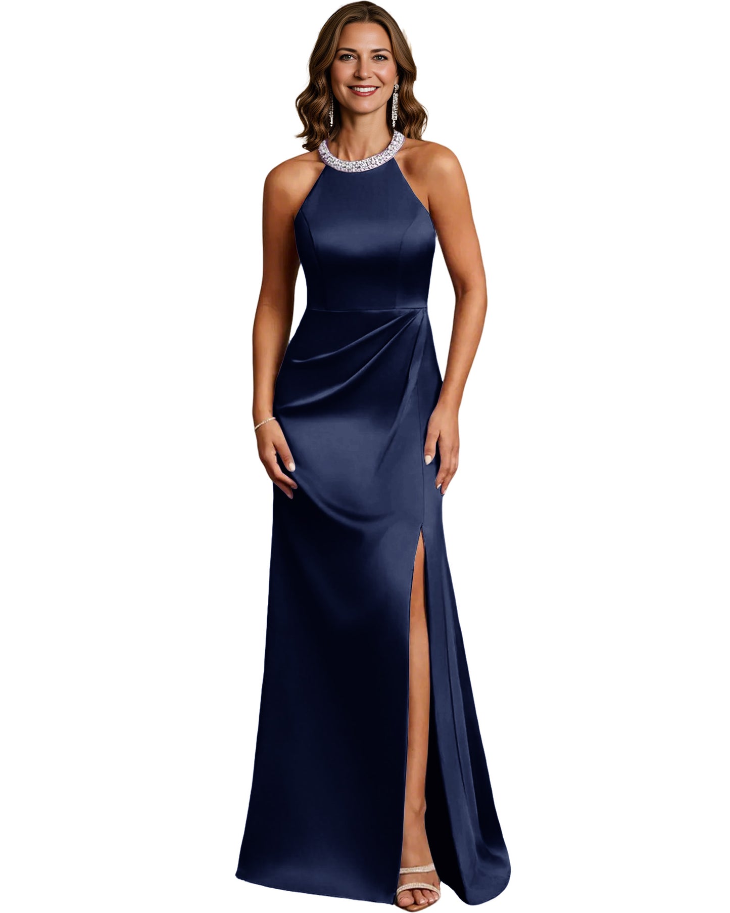 Halter Neck Mother of the Bride Dress Satin Mermaid Gown with Beaded Collar and Slit
