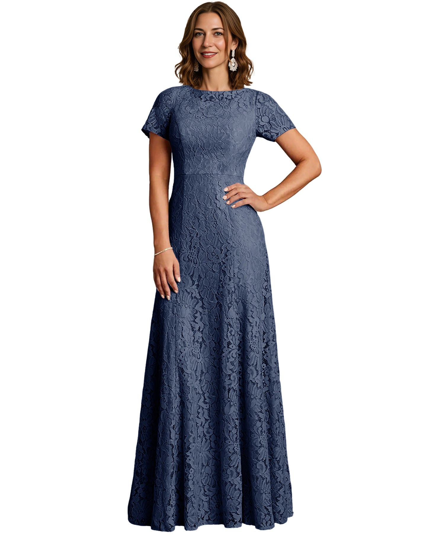 Long Lace Mother of the Bride Dress Short Sleeve Mermaid Gown with Crew Neckline