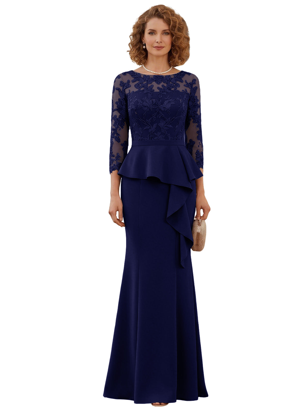 Long Mother of the Bride Dress Lace Illusion Bodice Peplum Mermaid Formal Evening Gown