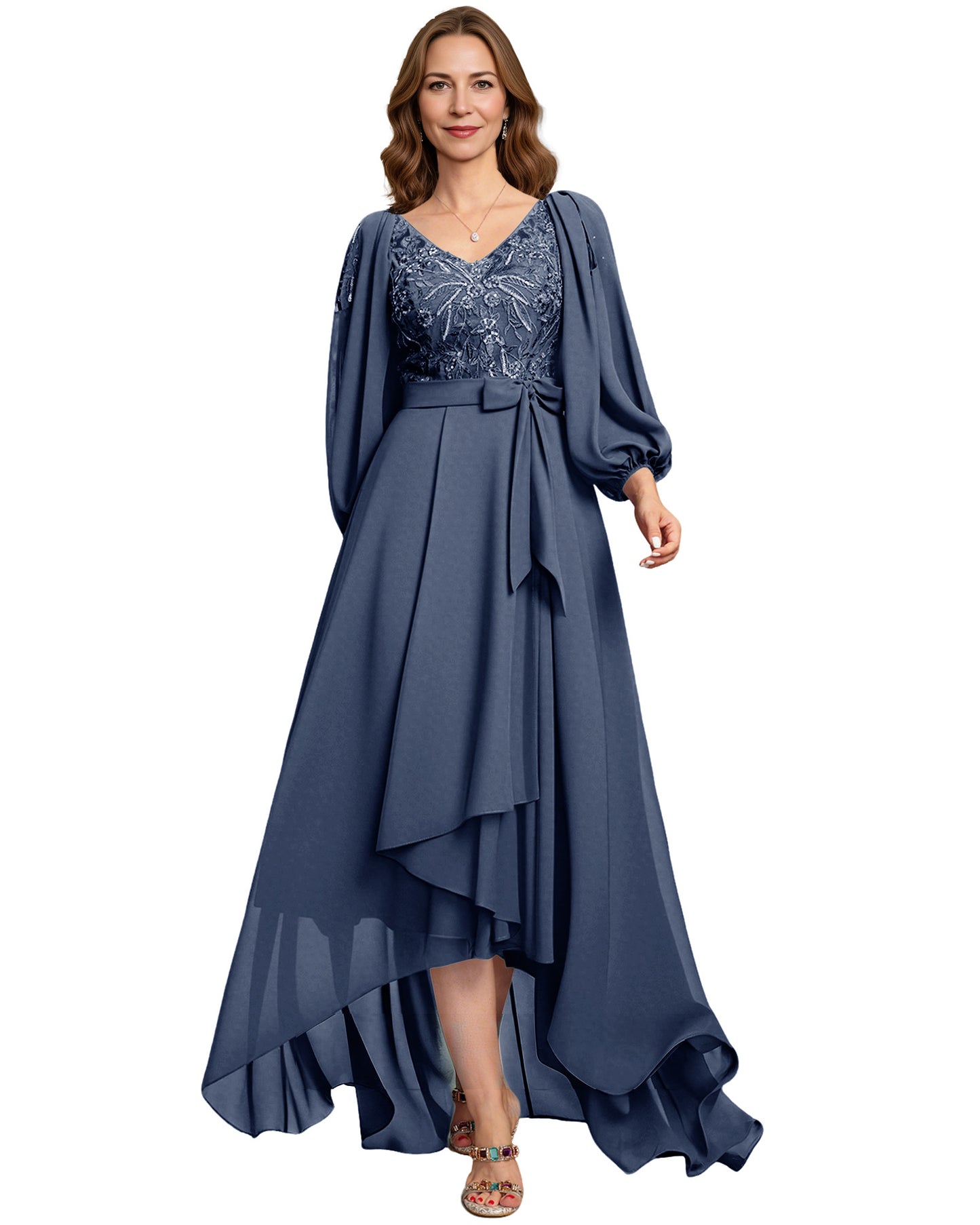 High Low Mother of the Bride Dress Lace Bodice Chiffon Jacket Formal Wedding Gown