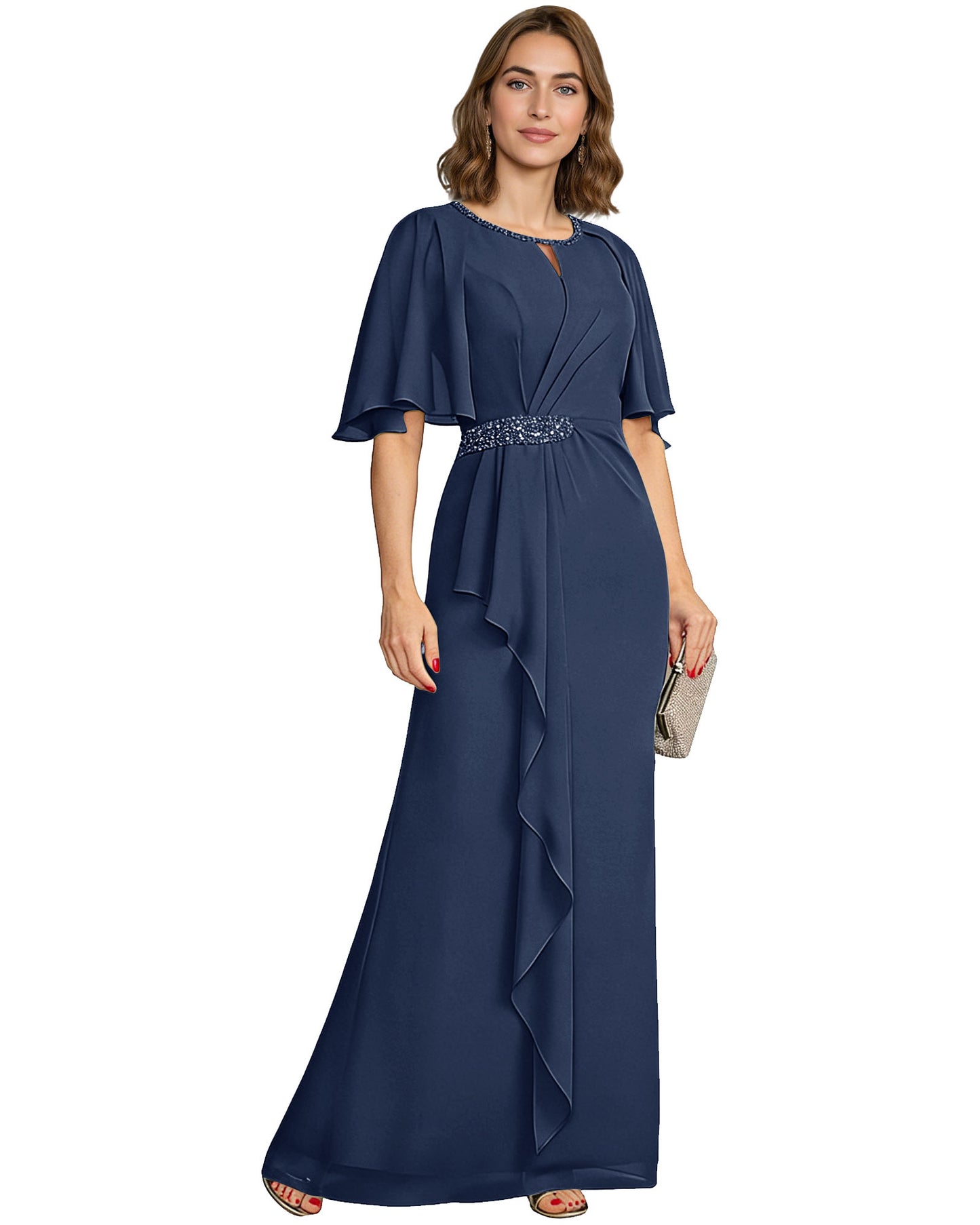 Long Mother of the Bride Dress Chiffon Flutter Sleeve Beaded Waist Formal A-Line Gown