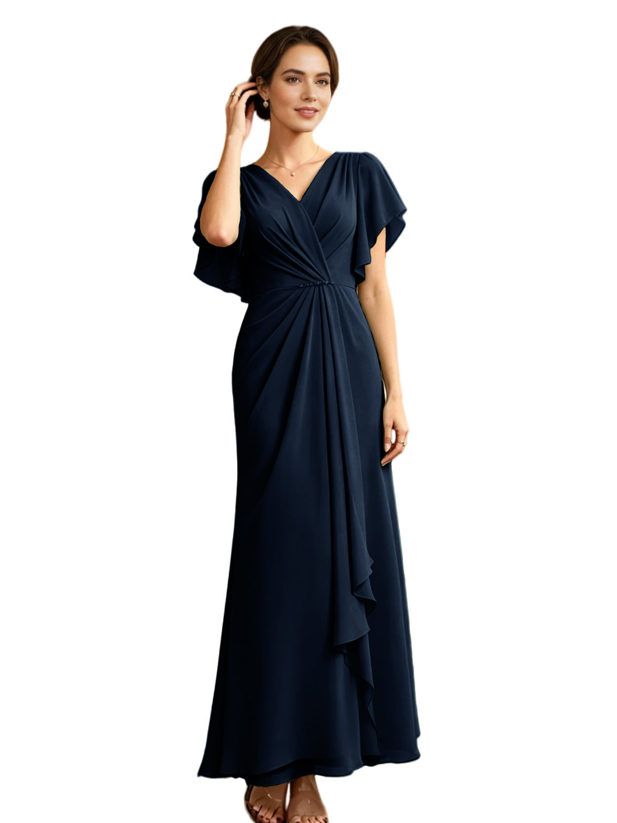Long Chiffon Mother of the Bride Dress V-Neck Flutter Sleeve A-Line Gown with Beaded Waist