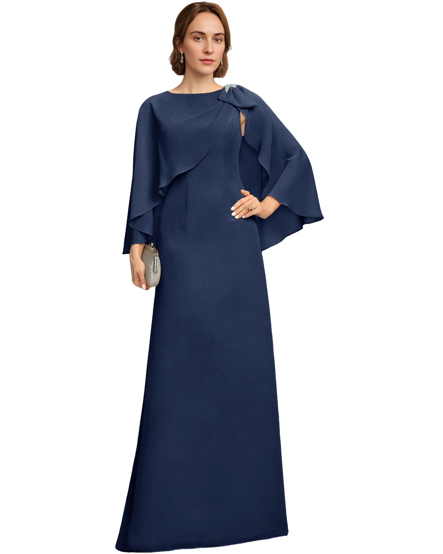 Long Cape Sleeve Mother of the Bride Dress Jewel Neck Chiffon Column Gown with Bow Detail